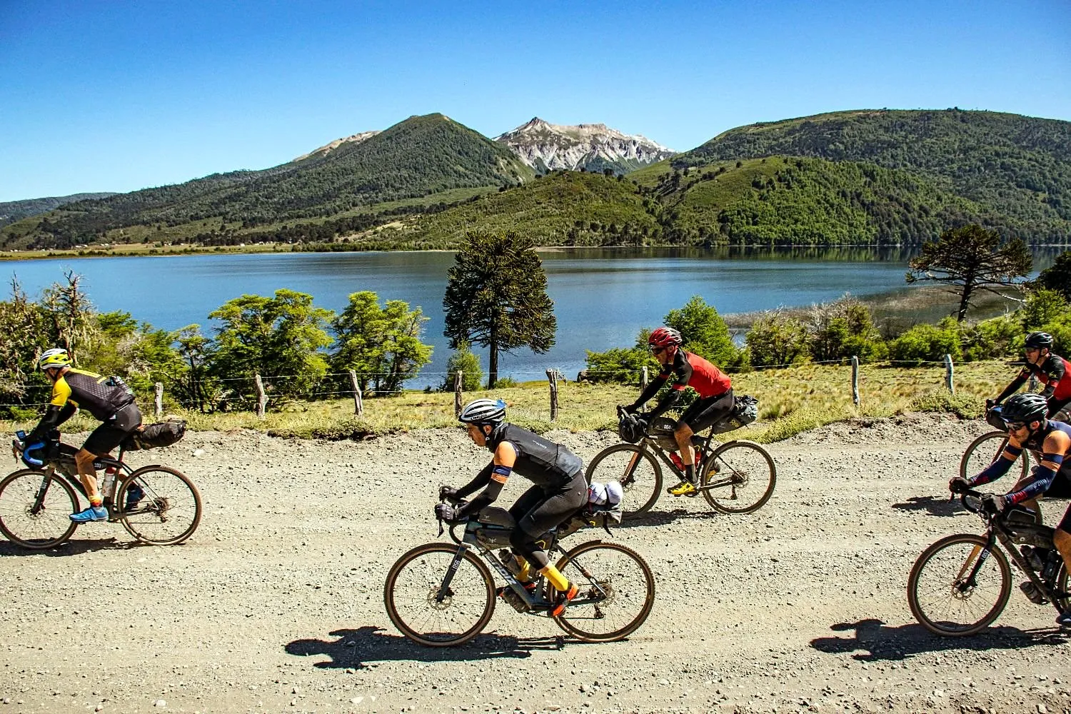 Grupo de ciclistas con bicis gravel y bolsos de bikepacking por un camino de ripio junto a un lago con araucarias y montañas
