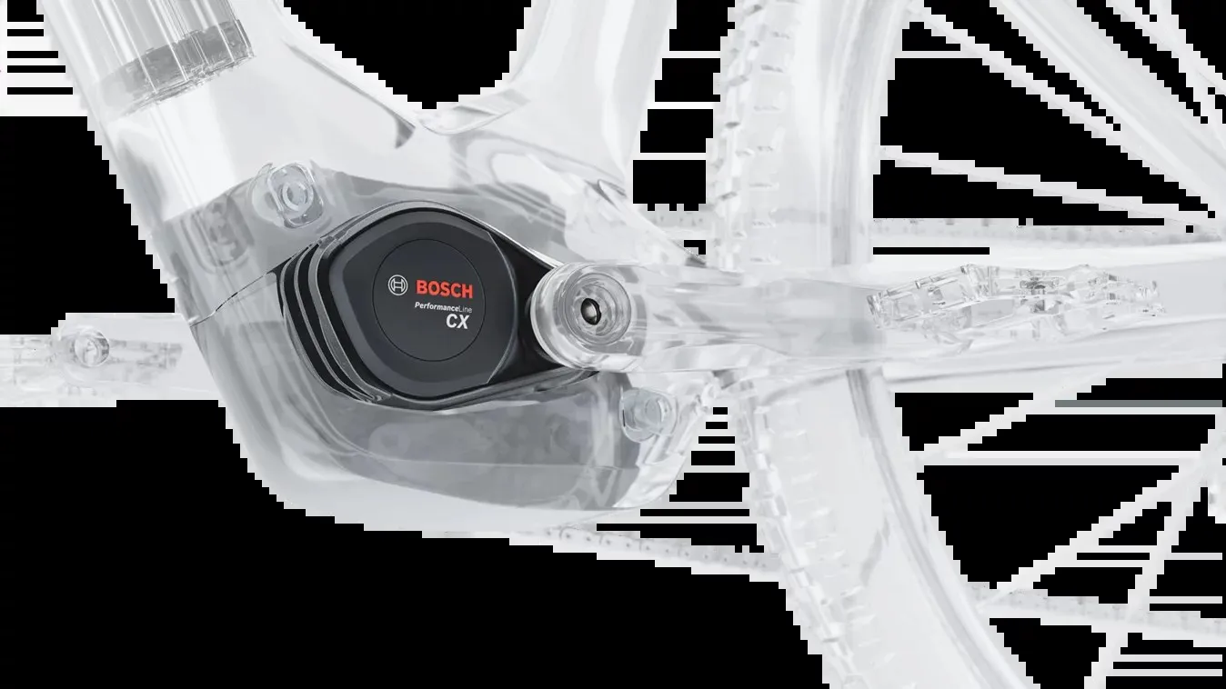 Motor Bosch Performance Line CX visto a través de un cuadro de eMTB transparente, junto a la biela
