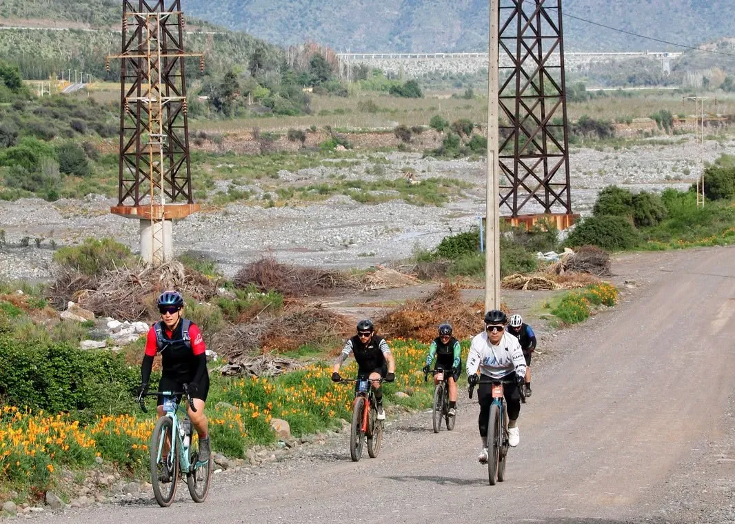 Grupo de ciclistas de gravel pedaleando por un camino de ripio, con amapolas a un lado y una gran estructura metálica sobre pilares cruzando el valle
